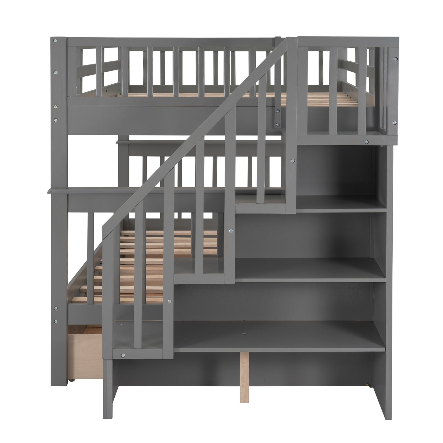 Gray Double Full Size Stairway Bunk Bed With Drawer By Homeroots | Beds | Modishstore - 8