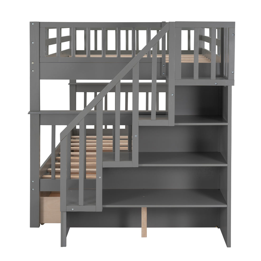 Gray Double Full Size Stairway Bunk Bed With Drawer By Homeroots | Beds | Modishstore - 8