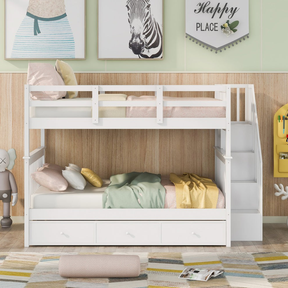 White Double Full Size Stairway Bunk Bed With Drawer By Homeroots | Beds | Modishstore - 2