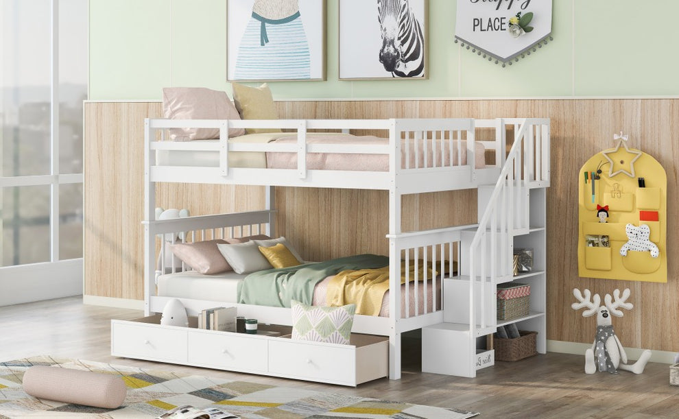 White Double Full Size Stairway Bunk Bed With Drawer By Homeroots | Beds | Modishstore - 3