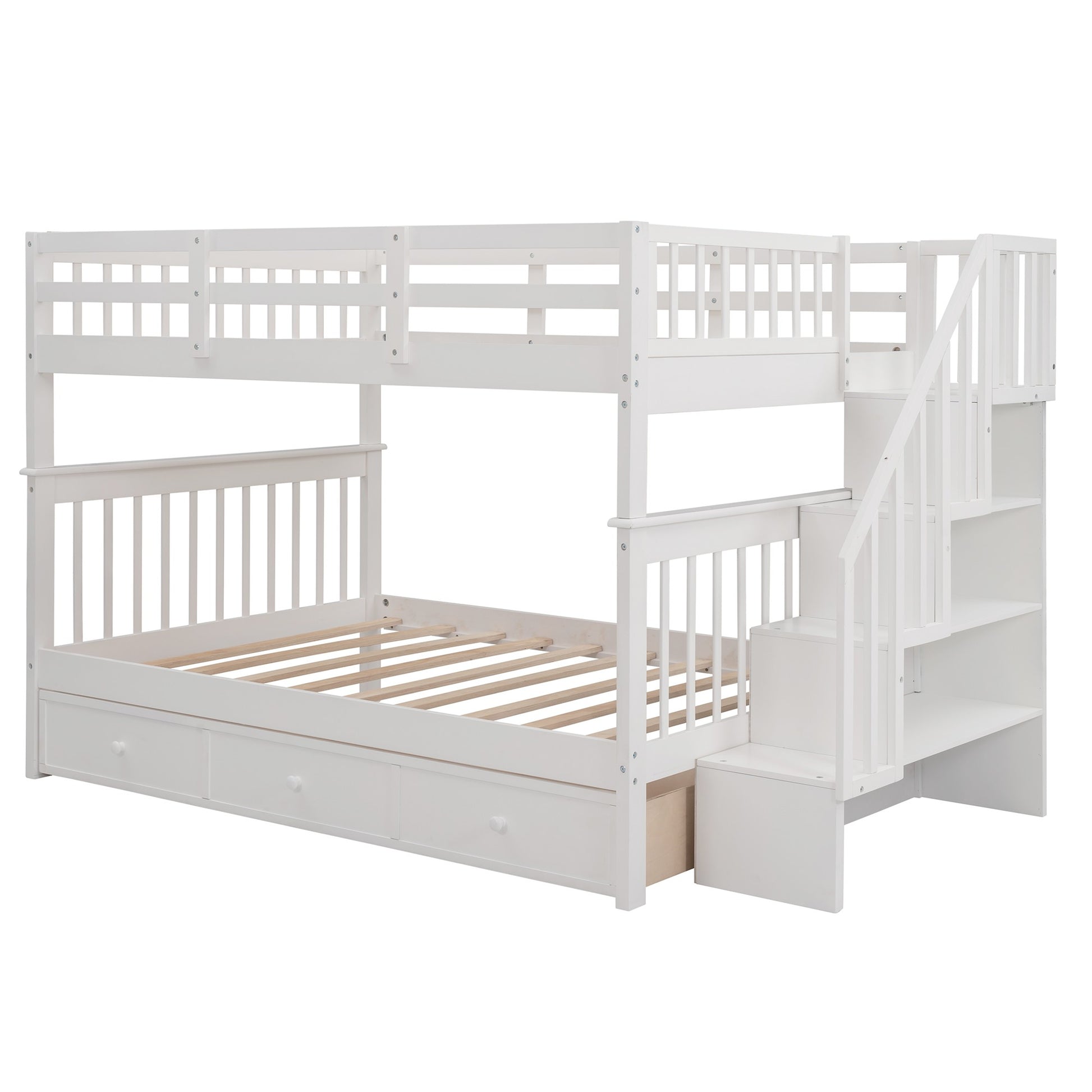 White Double Full Size Stairway Bunk Bed With Drawer By Homeroots | Beds | Modishstore - 4