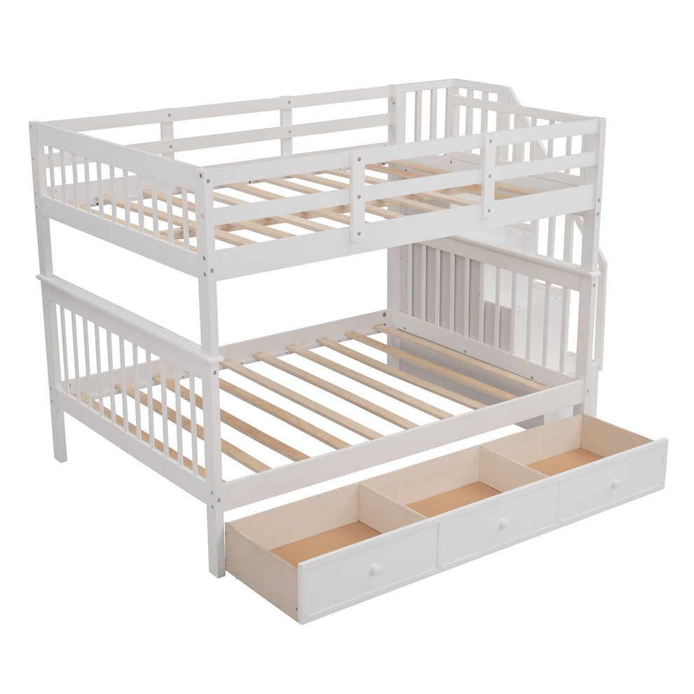 White Double Full Size Stairway Bunk Bed With Drawer By Homeroots | Beds | Modishstore - 5
