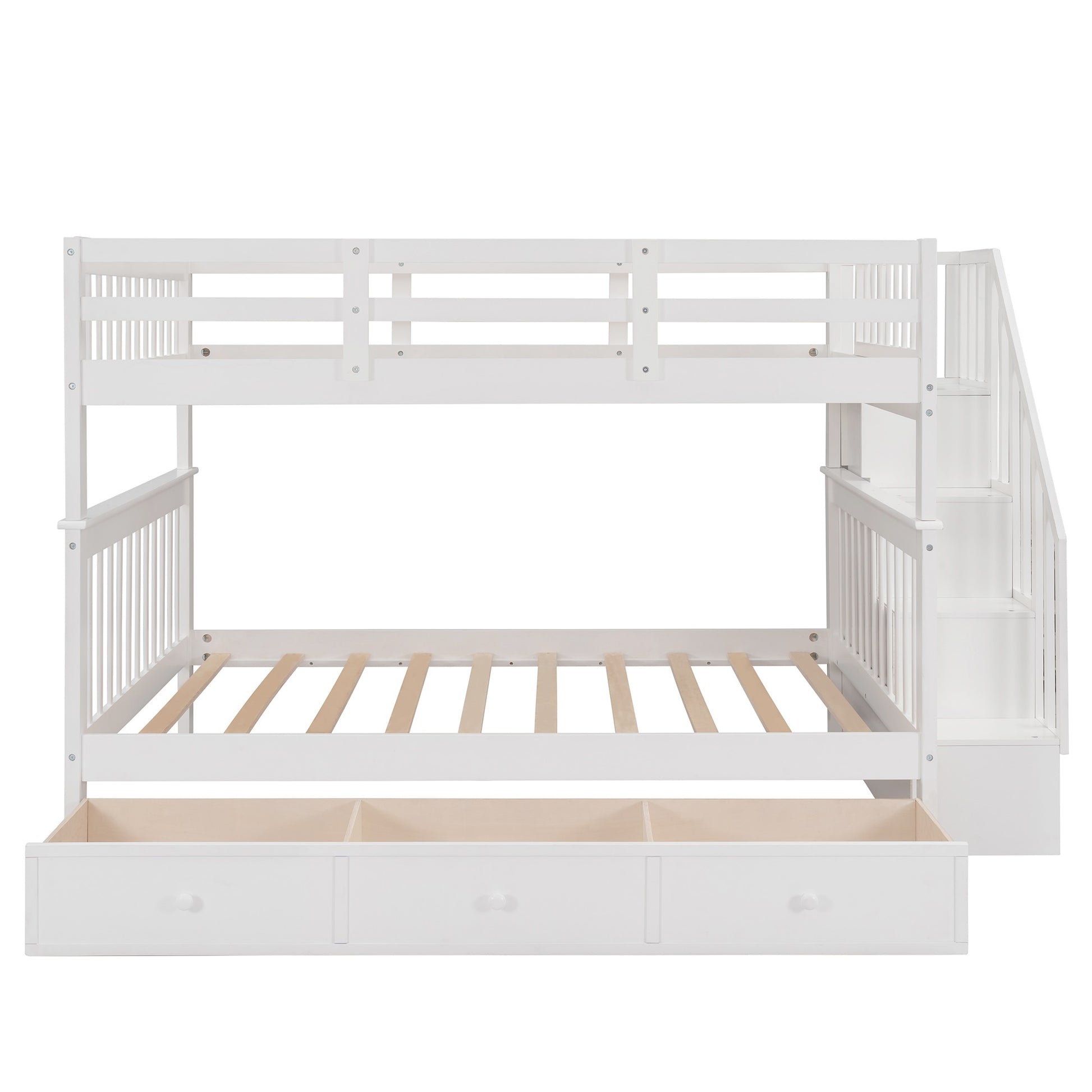 White Double Full Size Stairway Bunk Bed With Drawer By Homeroots | Beds | Modishstore - 6