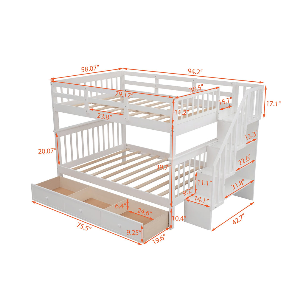 White Double Full Size Stairway Bunk Bed With Drawer By Homeroots | Beds | Modishstore - 7