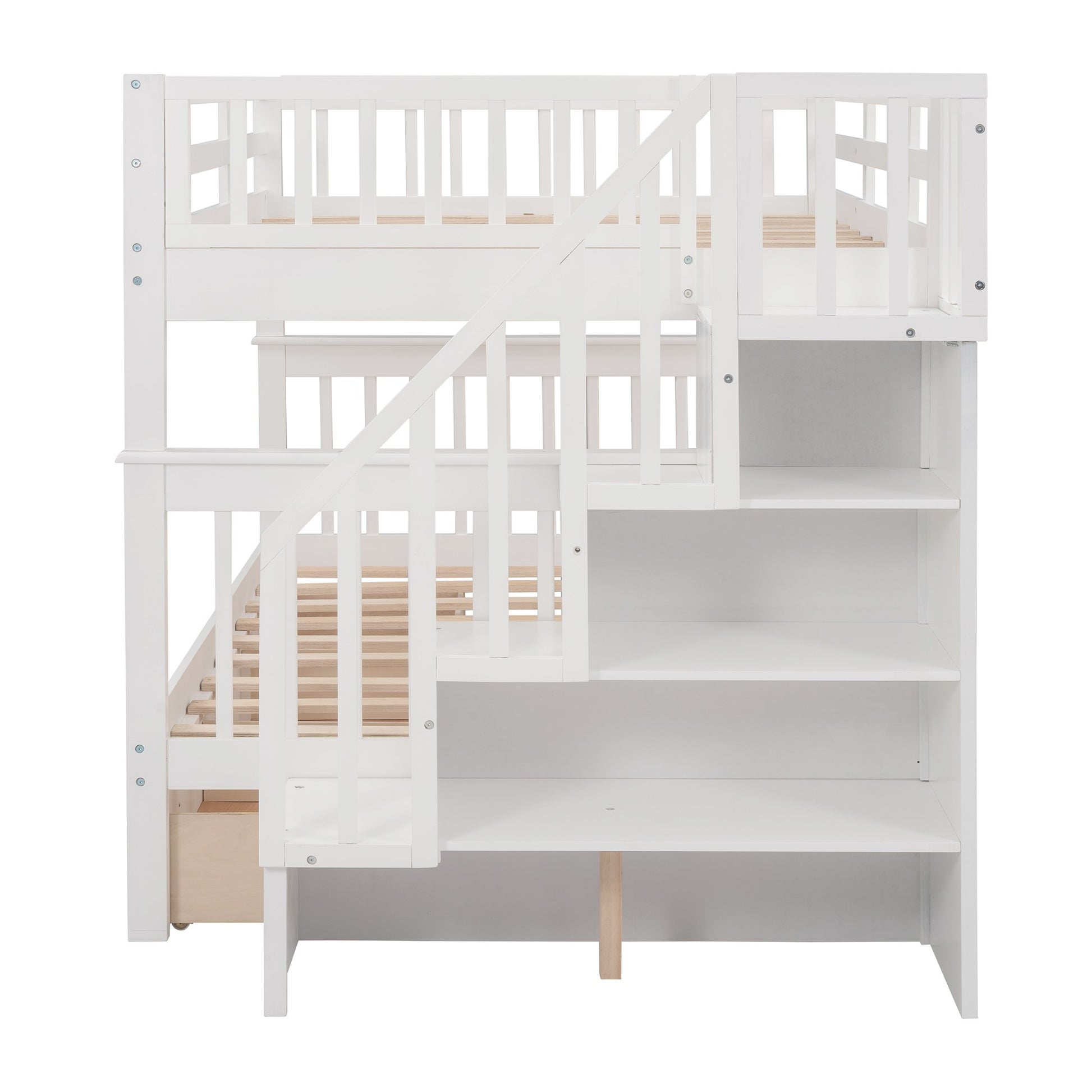 White Double Full Size Stairway Bunk Bed With Drawer By Homeroots | Beds | Modishstore - 8