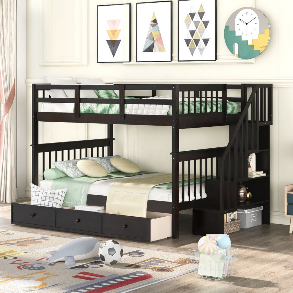 White Double Full Size Stairway Bunk Bed With Drawer By Homeroots | Beds | Modishstore - 10