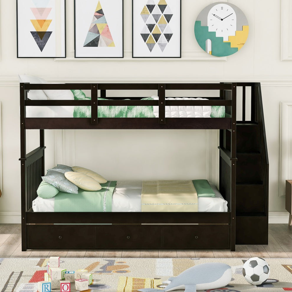 White Double Full Size Stairway Bunk Bed With Drawer By Homeroots | Beds | Modishstore - 11