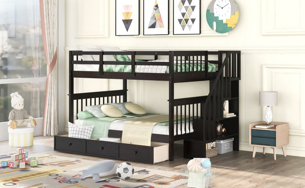 White Double Full Size Stairway Bunk Bed With Drawer By Homeroots | Beds | Modishstore - 12