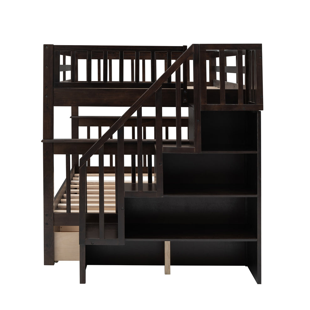 White Double Full Size Stairway Bunk Bed With Drawer By Homeroots | Beds | Modishstore - 13