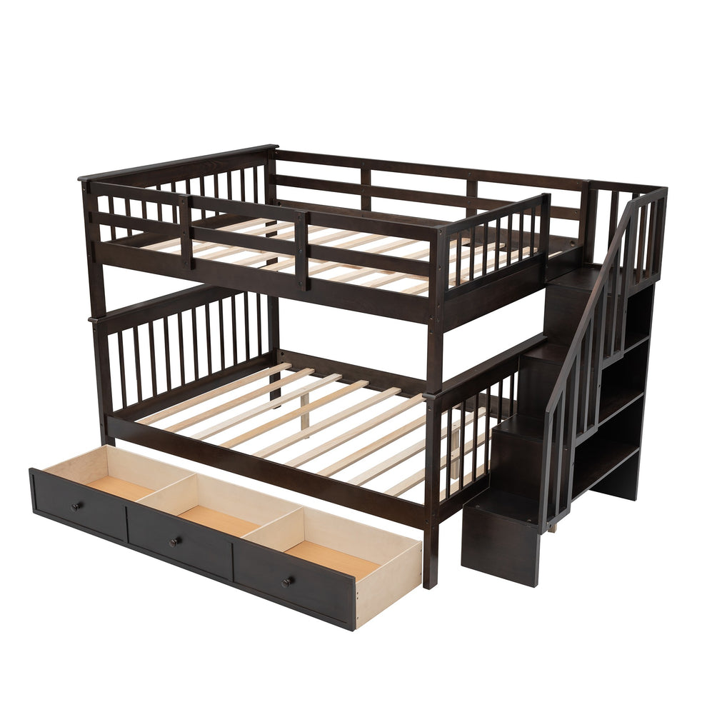 White Double Full Size Stairway Bunk Bed With Drawer By Homeroots | Beds | Modishstore - 14