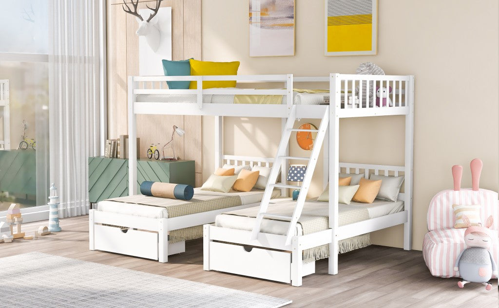 White Full Over Two Twins Triple Bunk Bed By Homeroots | Beds | Modishstore - 4