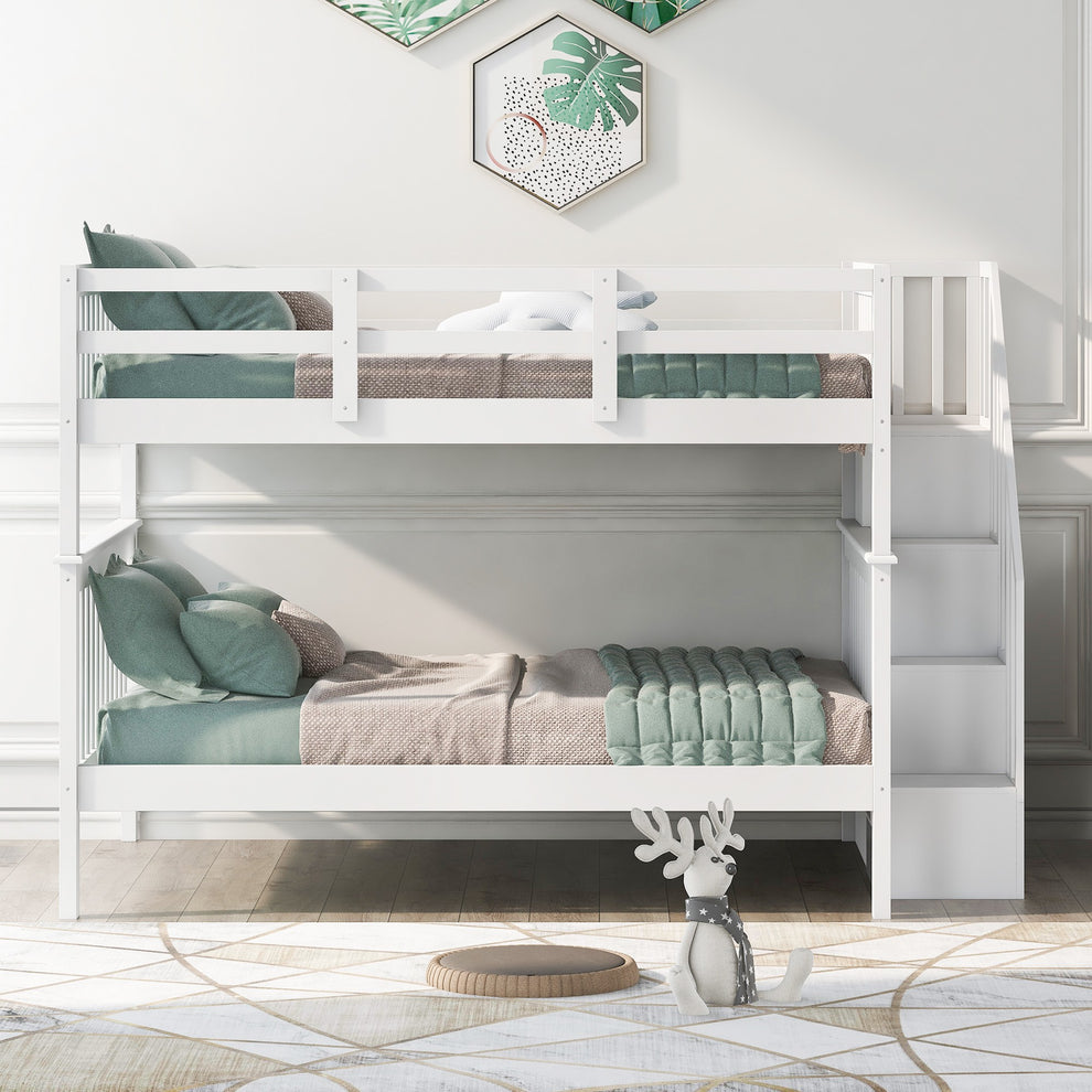 White Double Full Size Stairway Bunk Bed By Homeroots | Beds | Modishstore - 2