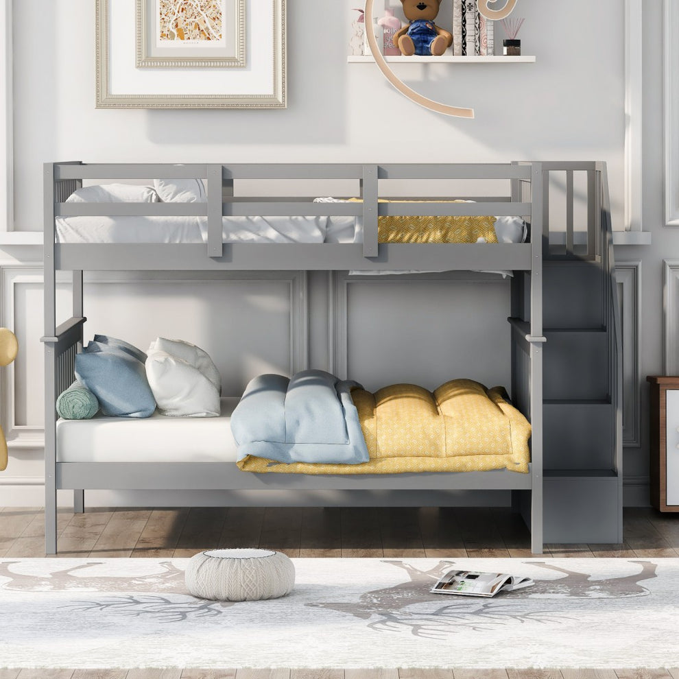 Gray Double Full Size Stairway Bunk Bed By Homeroots | Beds | Modishstore - 2