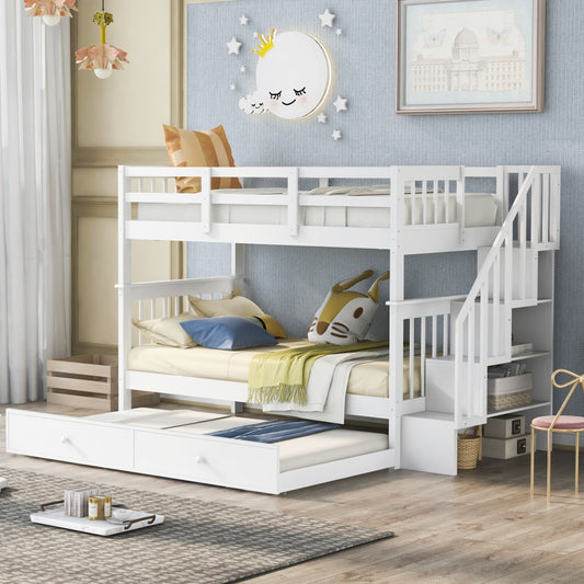 White Double Twin Size Stairway Bunk Bed By Homeroots | Beds | Modishstore