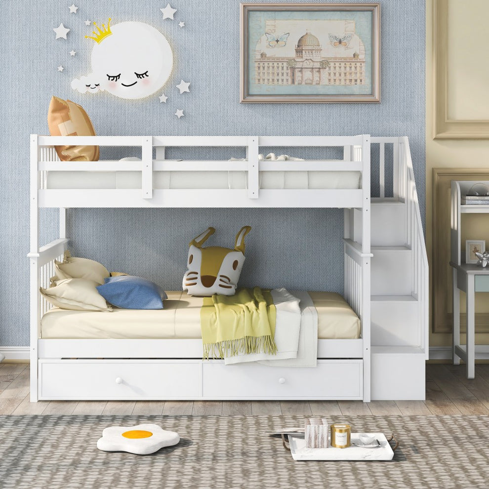 White Double Twin Size Stairway Bunk Bed By Homeroots | Beds | Modishstore - 2