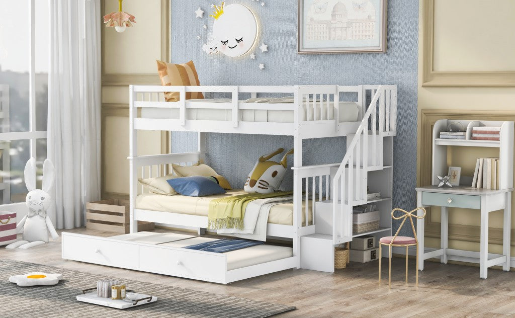 White Double Twin Size Stairway Bunk Bed By Homeroots | Beds | Modishstore - 3