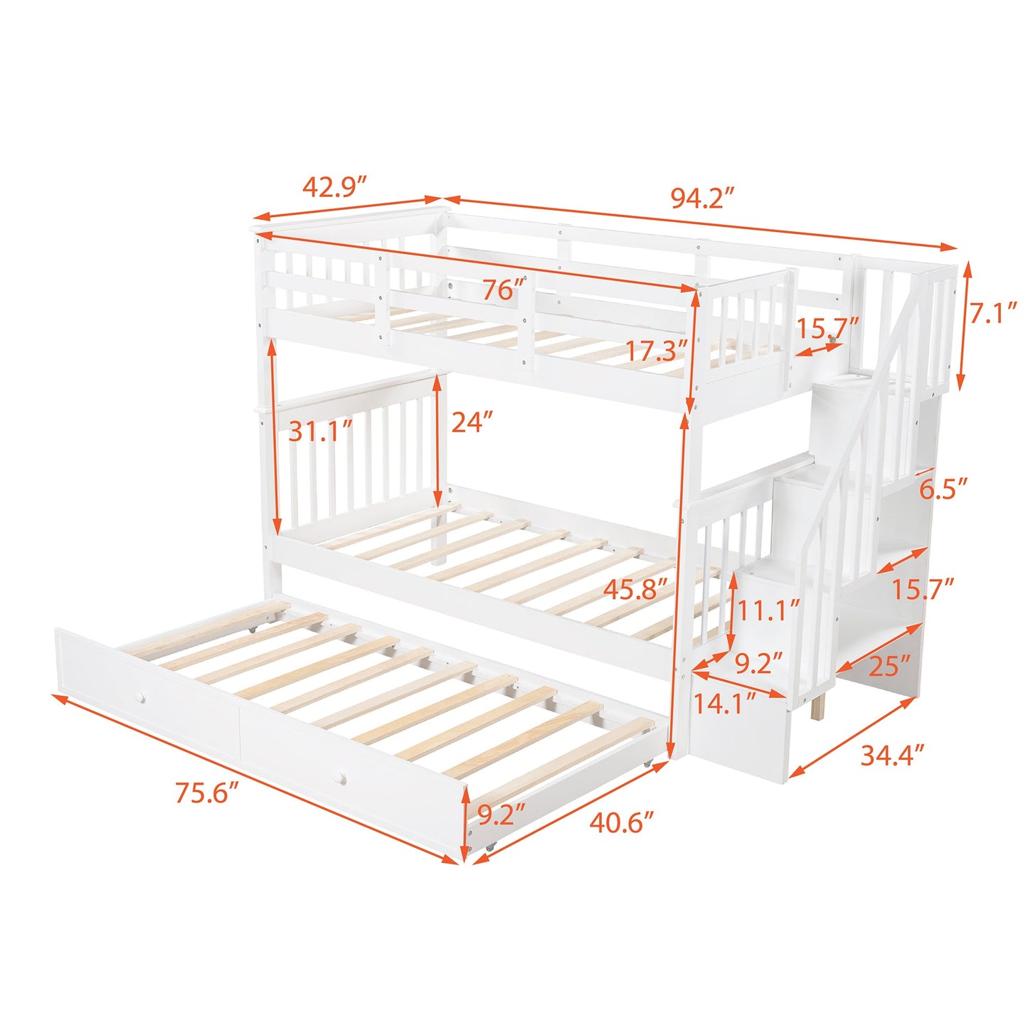 White Double Twin Size Stairway Bunk Bed By Homeroots | Beds | Modishstore - 5