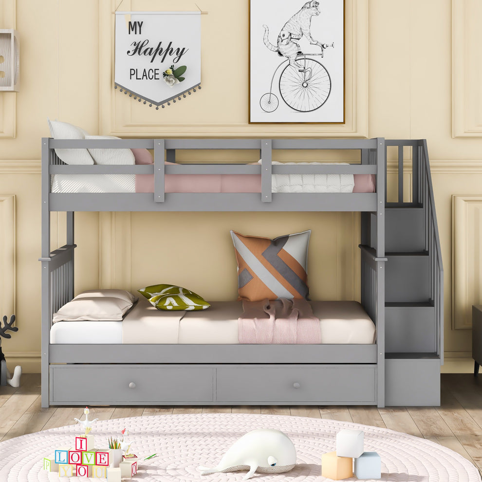 White Double Twin Size Stairway Bunk Bed By Homeroots | Beds | Modishstore - 11