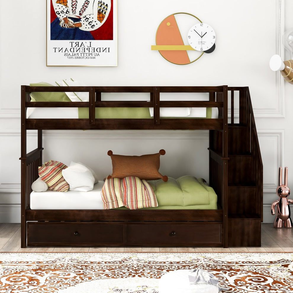 White Double Twin Size Stairway Bunk Bed By Homeroots | Beds | Modishstore - 20