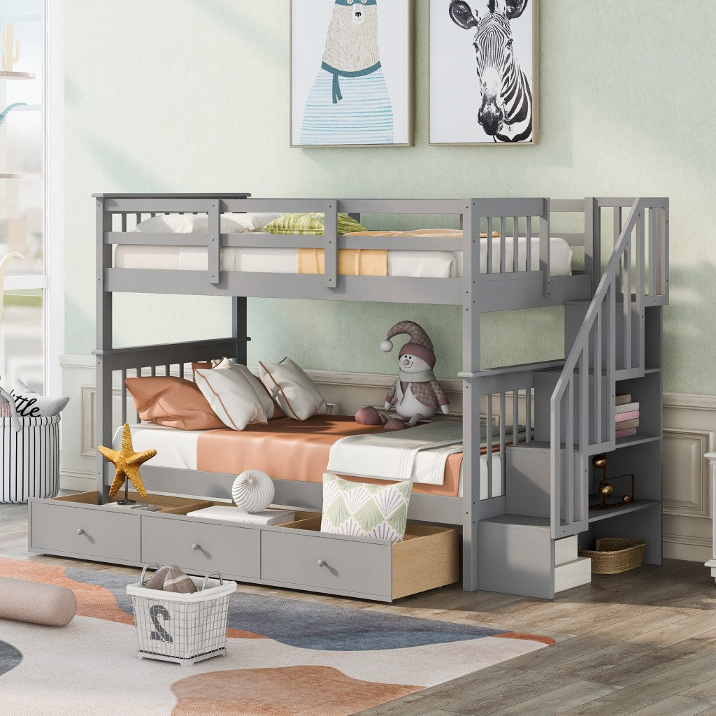 Gray Twin Over Twin Bunk Bed With Stairway And Drawers By Homeroots | Beds | Modishstore