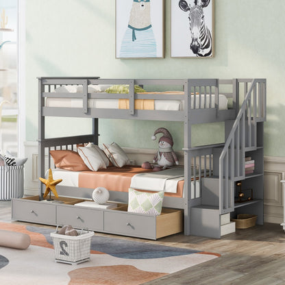 Gray Twin Over Twin Bunk Bed With Stairway And Drawers By Homeroots | Beds | Modishstore