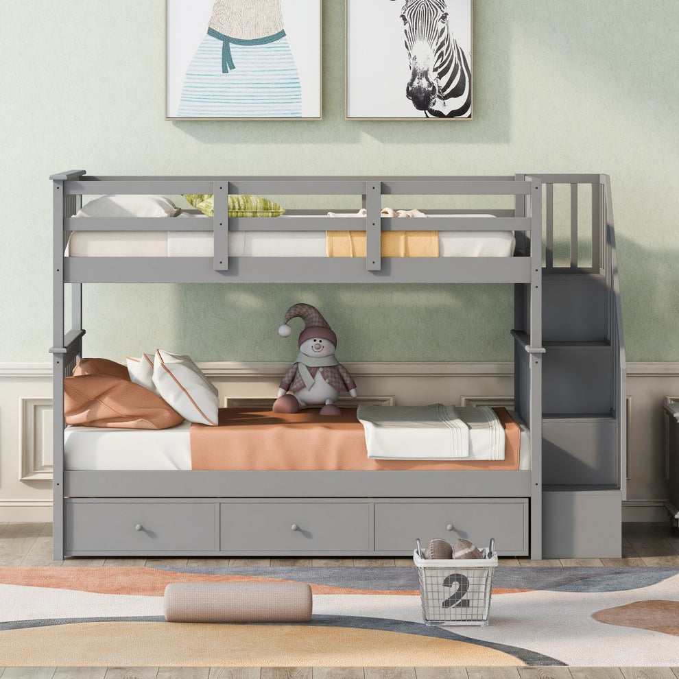 Gray Twin Over Twin Bunk Bed With Stairway And Drawers By Homeroots | Beds | Modishstore - 2