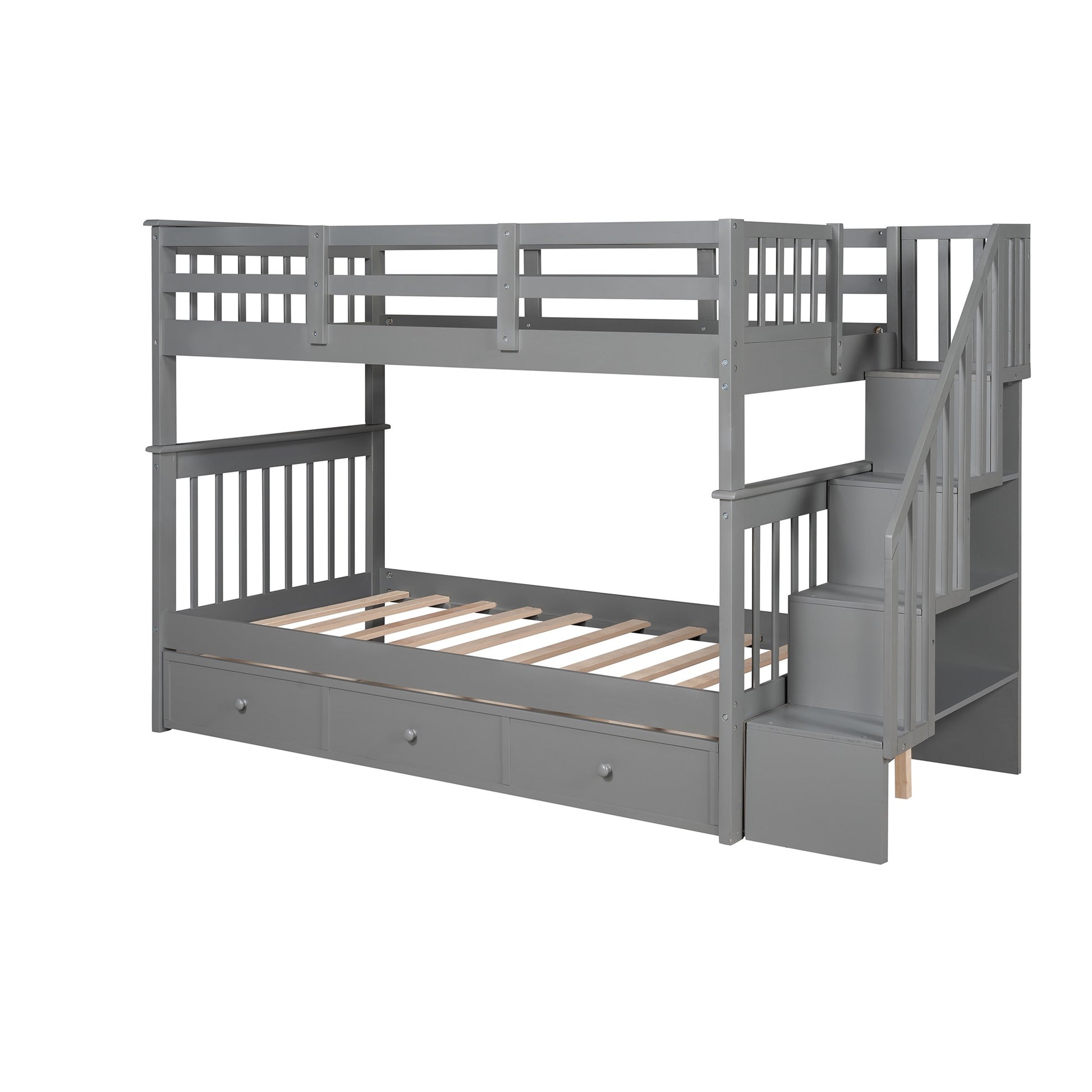 Gray Twin Over Twin Bunk Bed With Stairway And Drawers By Homeroots | Beds | Modishstore - 3