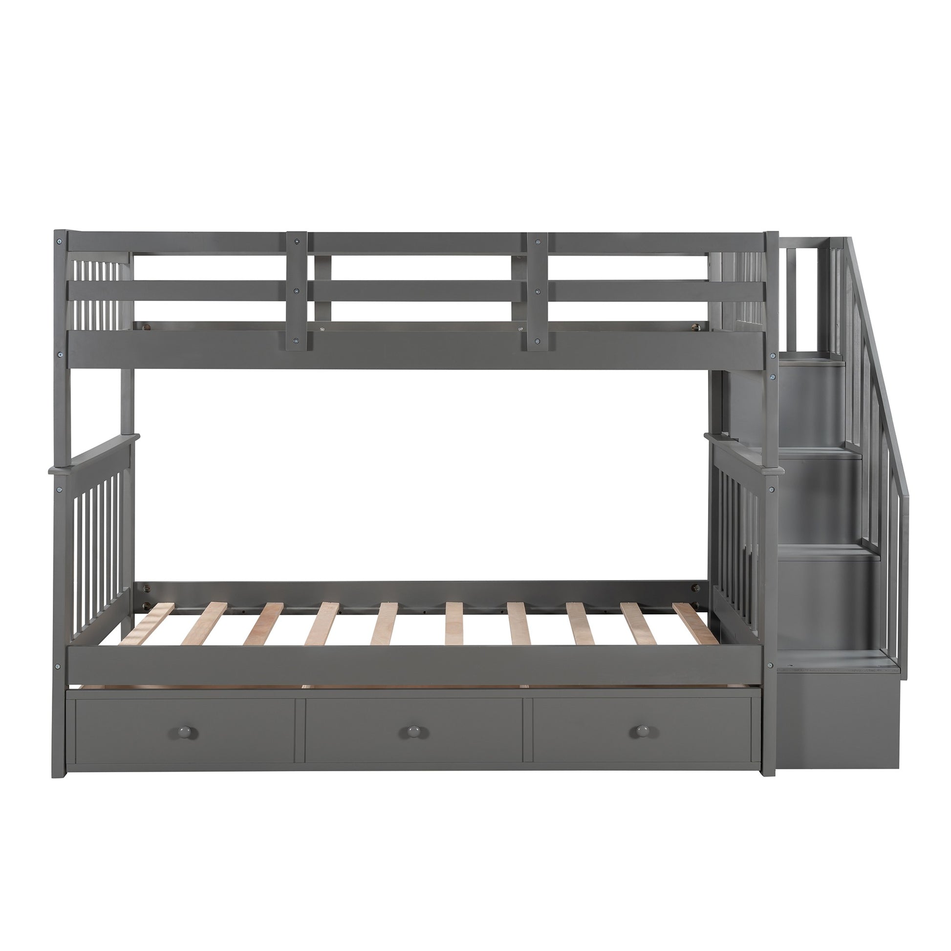 Gray Twin Over Twin Bunk Bed With Stairway And Drawers By Homeroots | Beds | Modishstore - 4