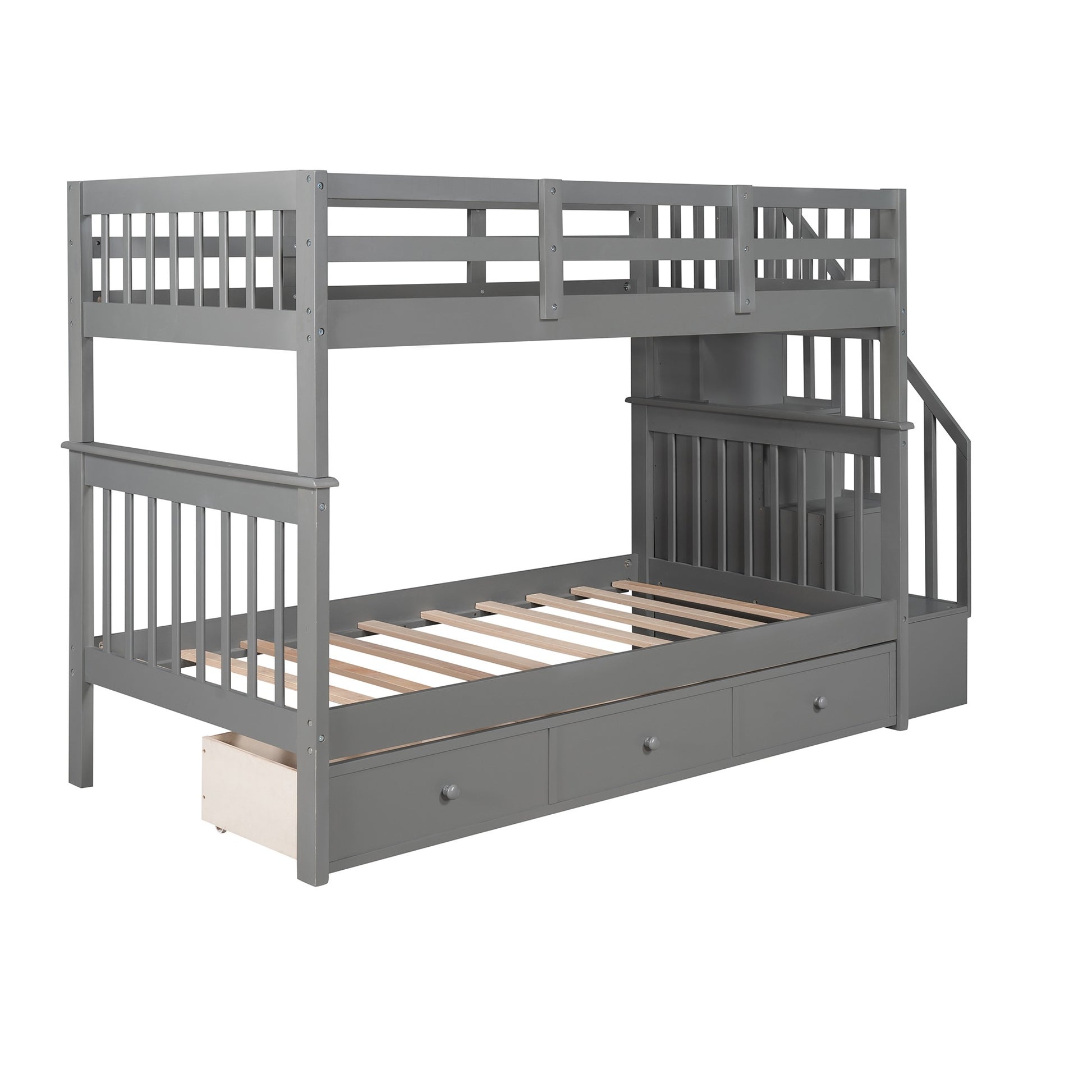 Gray Twin Over Twin Bunk Bed With Stairway And Drawers By Homeroots | Beds | Modishstore - 5
