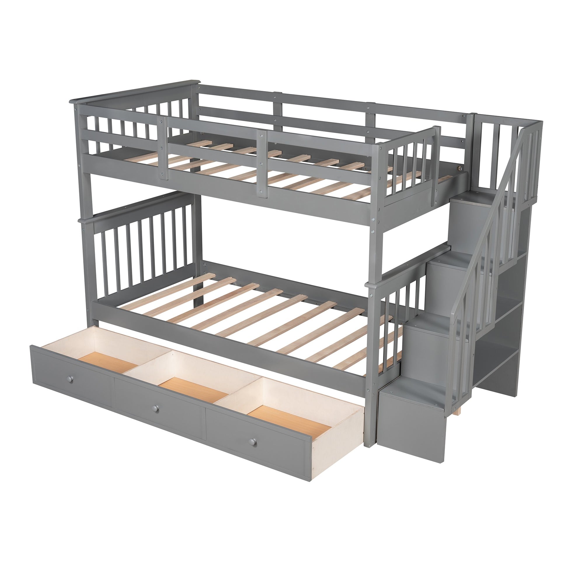 Gray Twin Over Twin Bunk Bed With Stairway And Drawers By Homeroots | Beds | Modishstore - 6