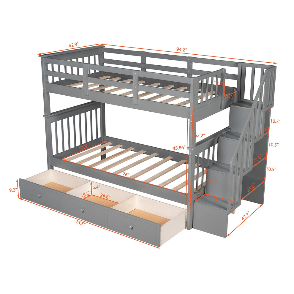 Gray Twin Over Twin Bunk Bed With Stairway And Drawers By Homeroots | Beds | Modishstore - 7