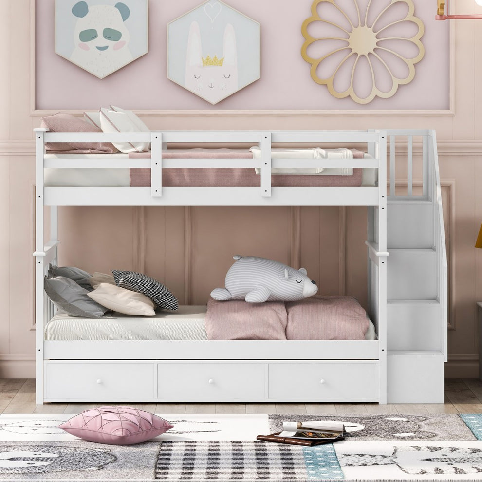 Gray Twin Over Twin Bunk Bed With Stairway And Drawers By Homeroots | Beds | Modishstore - 11