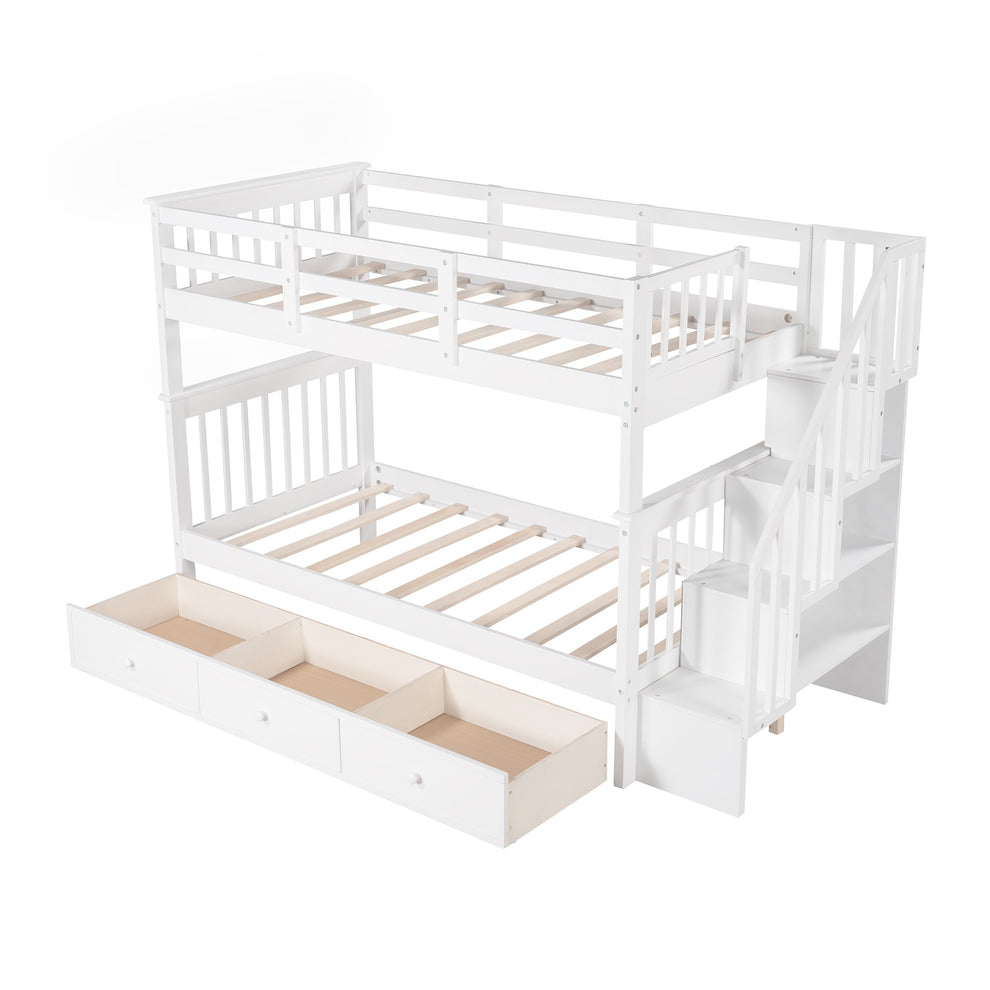 Gray Twin Over Twin Bunk Bed With Stairway And Drawers By Homeroots | Beds | Modishstore - 15