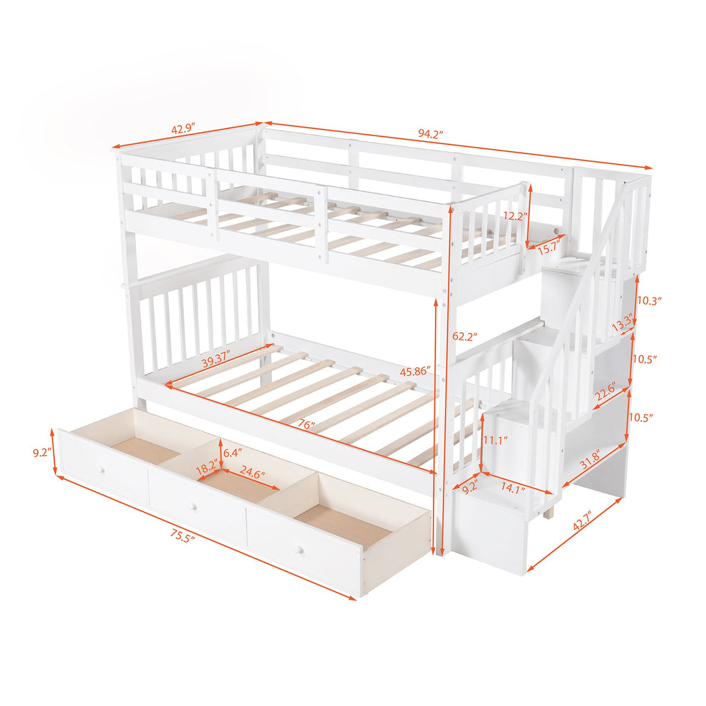 Gray Twin Over Twin Bunk Bed With Stairway And Drawers By Homeroots | Beds | Modishstore - 16