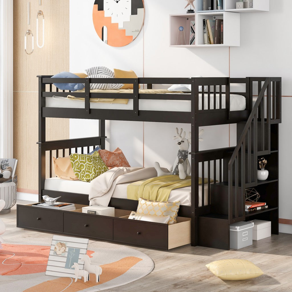 Gray Twin Over Twin Bunk Bed With Stairway And Drawers By Homeroots | Beds | Modishstore - 19