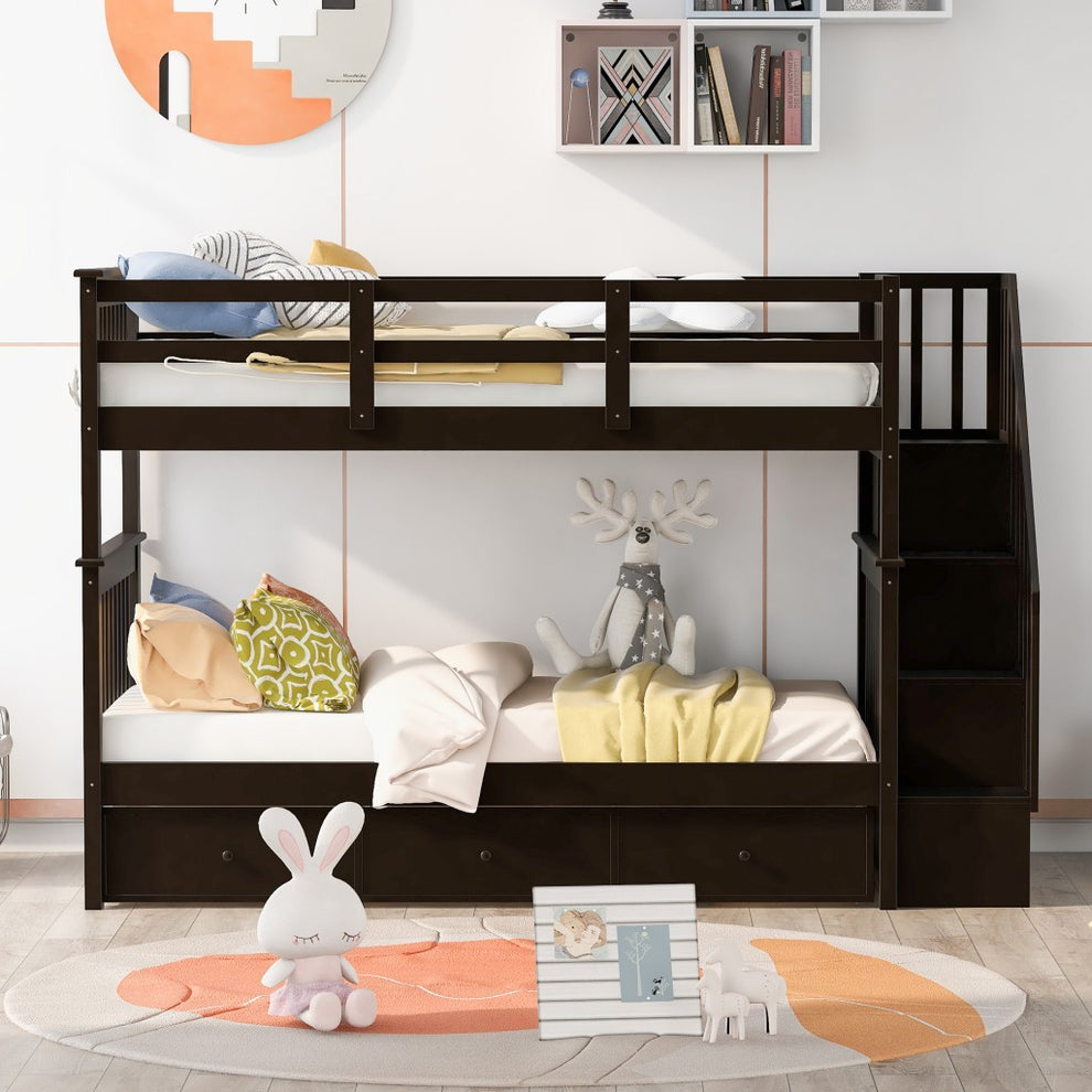 Gray Twin Over Twin Bunk Bed With Stairway And Drawers By Homeroots | Beds | Modishstore - 20
