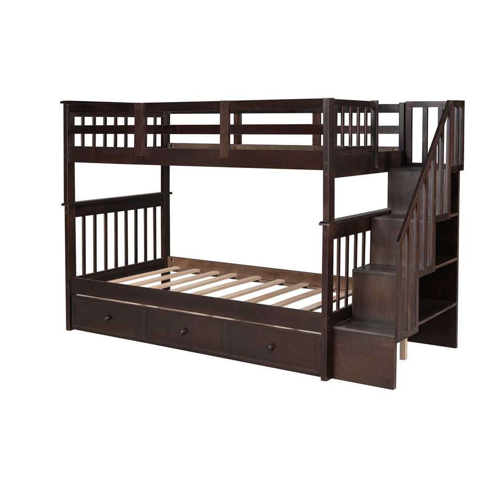 Gray Twin Over Twin Bunk Bed With Stairway And Drawers By Homeroots | Beds | Modishstore - 21