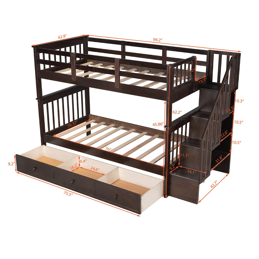 Gray Twin Over Twin Bunk Bed With Stairway And Drawers By Homeroots | Beds | Modishstore - 25