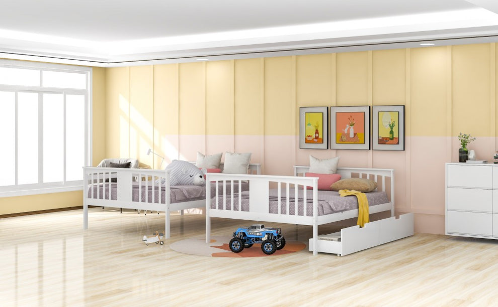 Modern White Full Over Full Bunk Bed With Two Drawers By Homeroots | Beds | Modishstore - 9