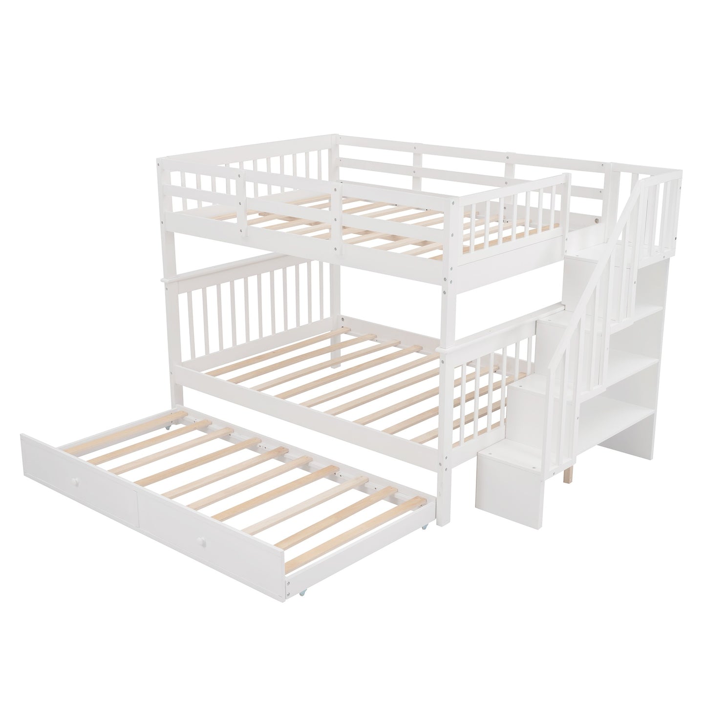 White Full Over Full Bunk Bed With Stairway Drawers And Trundle By Homeroots | Beds | Modishstore - 5