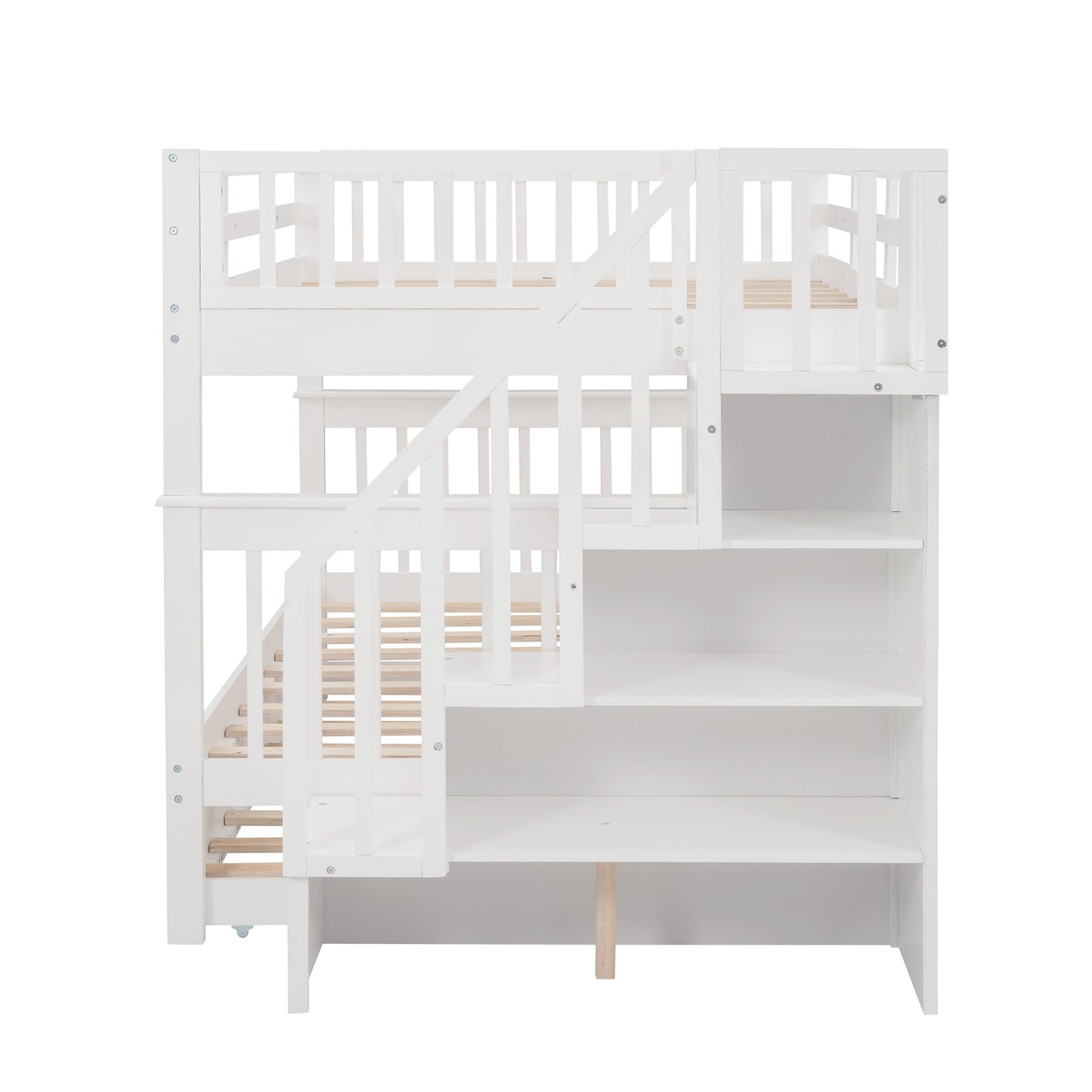 White Full Over Full Bunk Bed With Stairway Drawers And Trundle By Homeroots | Beds | Modishstore - 9