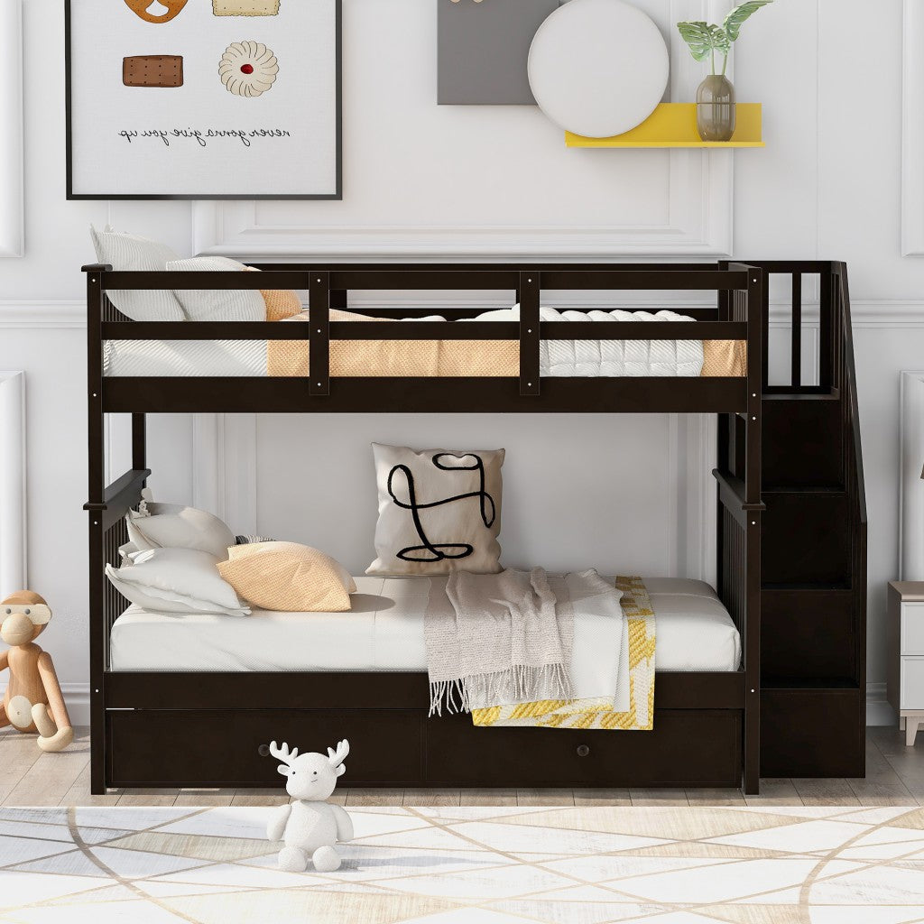 White Full Over Full Bunk Bed With Stairway Drawers And Trundle By Homeroots | Beds | Modishstore - 11