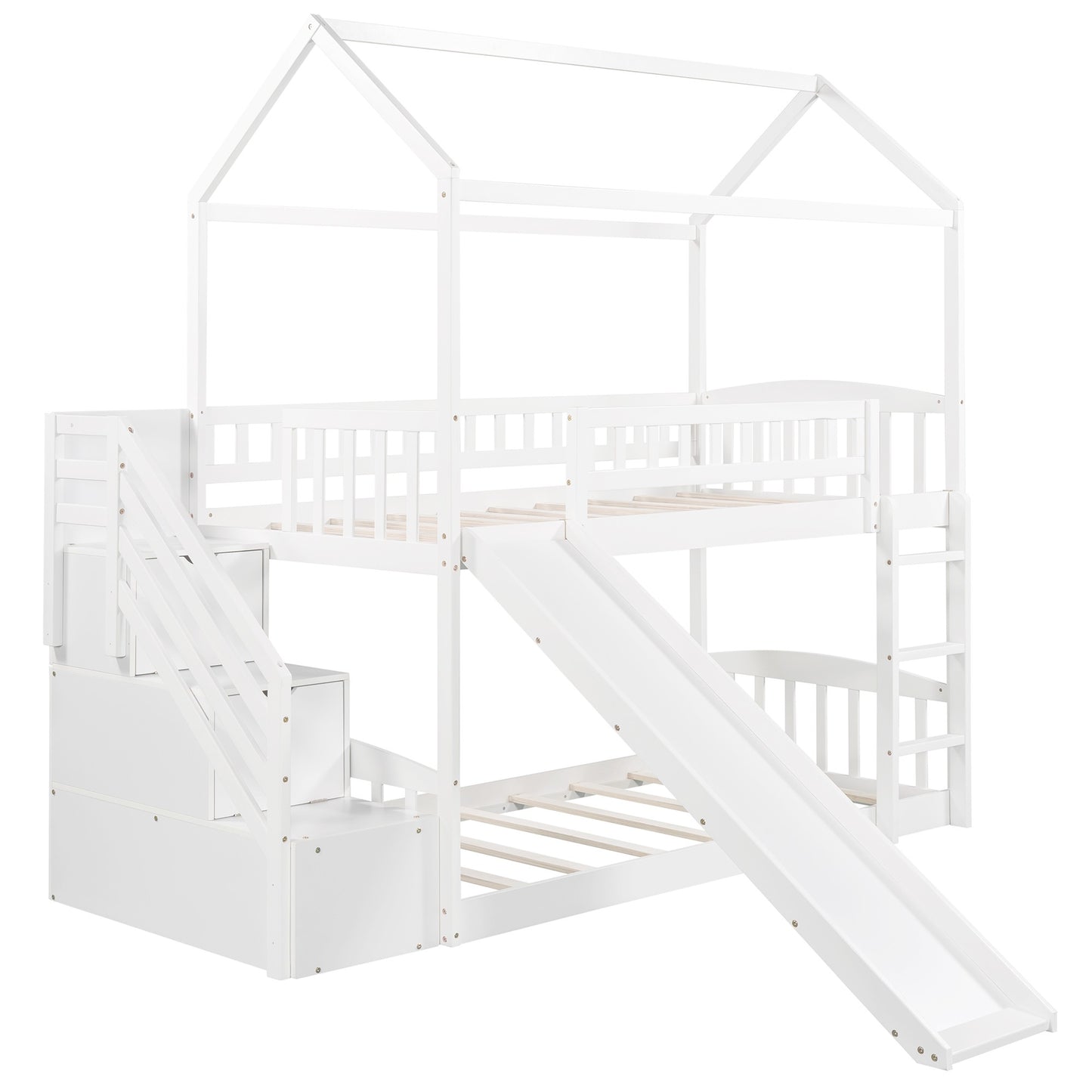 White Twin Over Twin Playhouse Styled Bunk Bed By Homeroots | Beds | Modishstore - 5