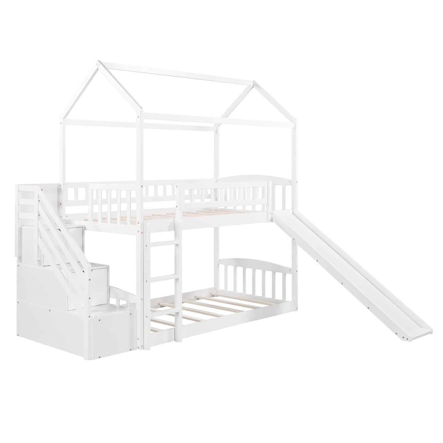White Twin Over Twin Playhouse Styled Bunk Bed By Homeroots | Beds | Modishstore - 6