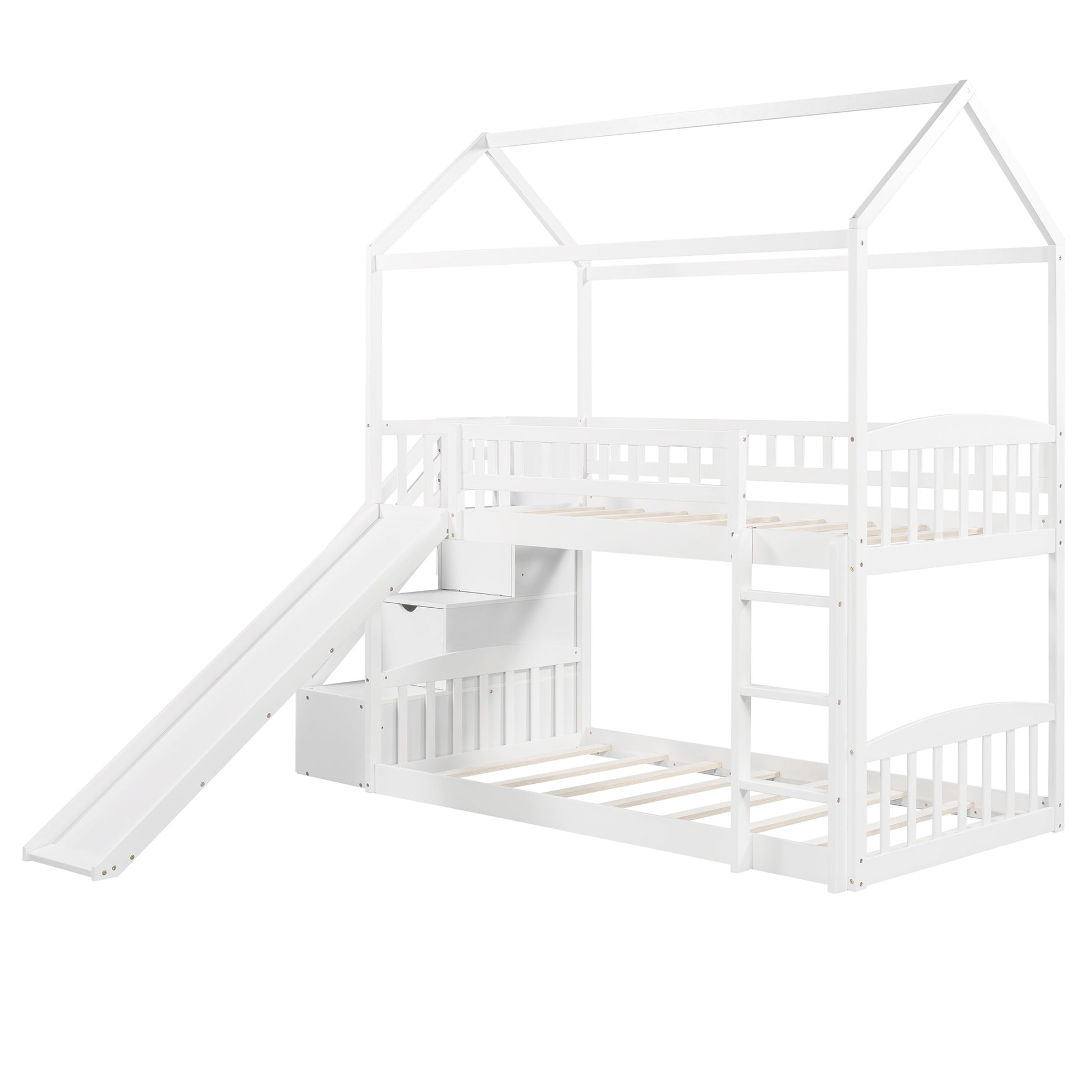 White Twin Over Twin Playhouse Styled Bunk Bed By Homeroots | Beds | Modishstore - 8