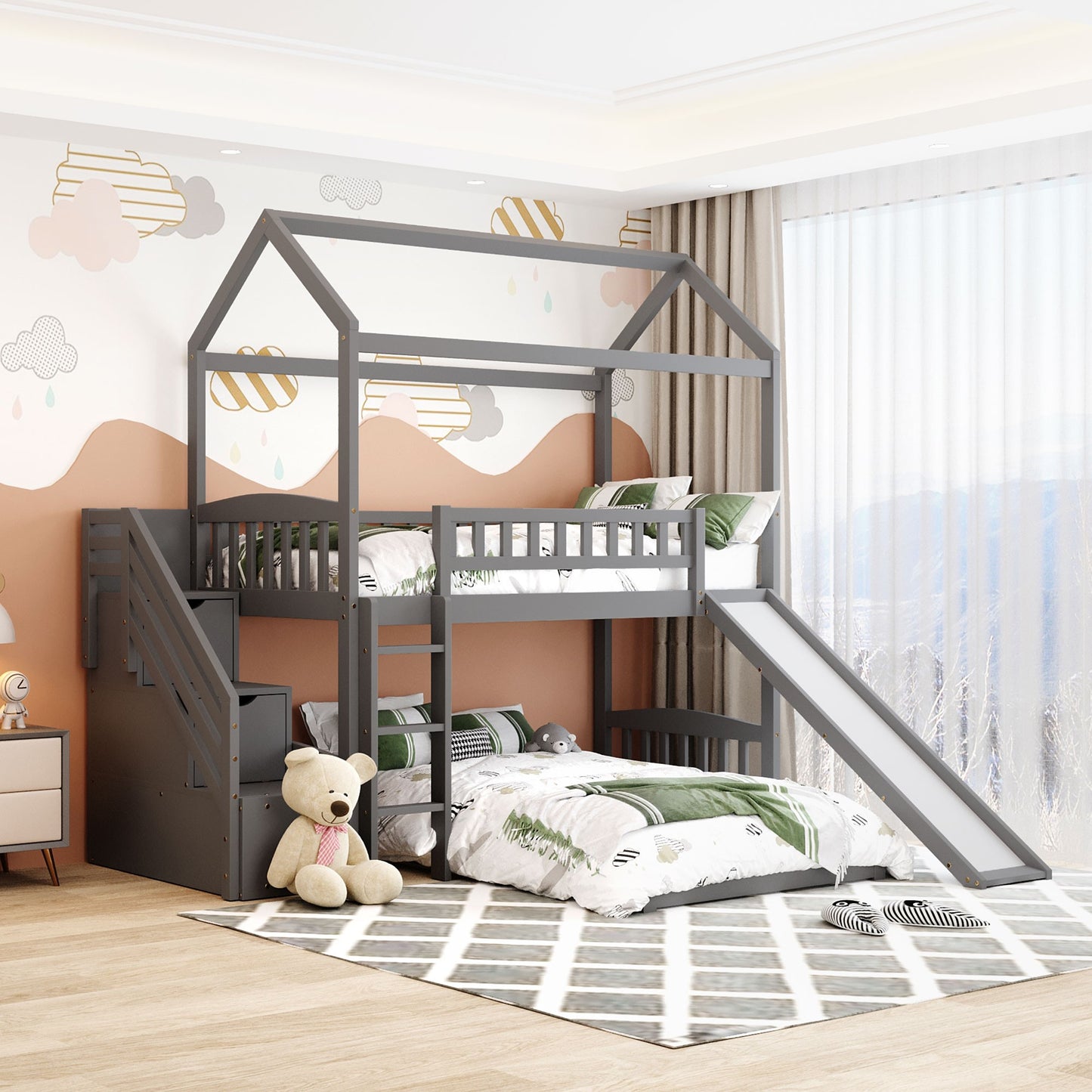 Gray Twin Over Twin Playhouse Perpendicular Bunk Bed With Slide By Homeroots | Beds | Modishstore