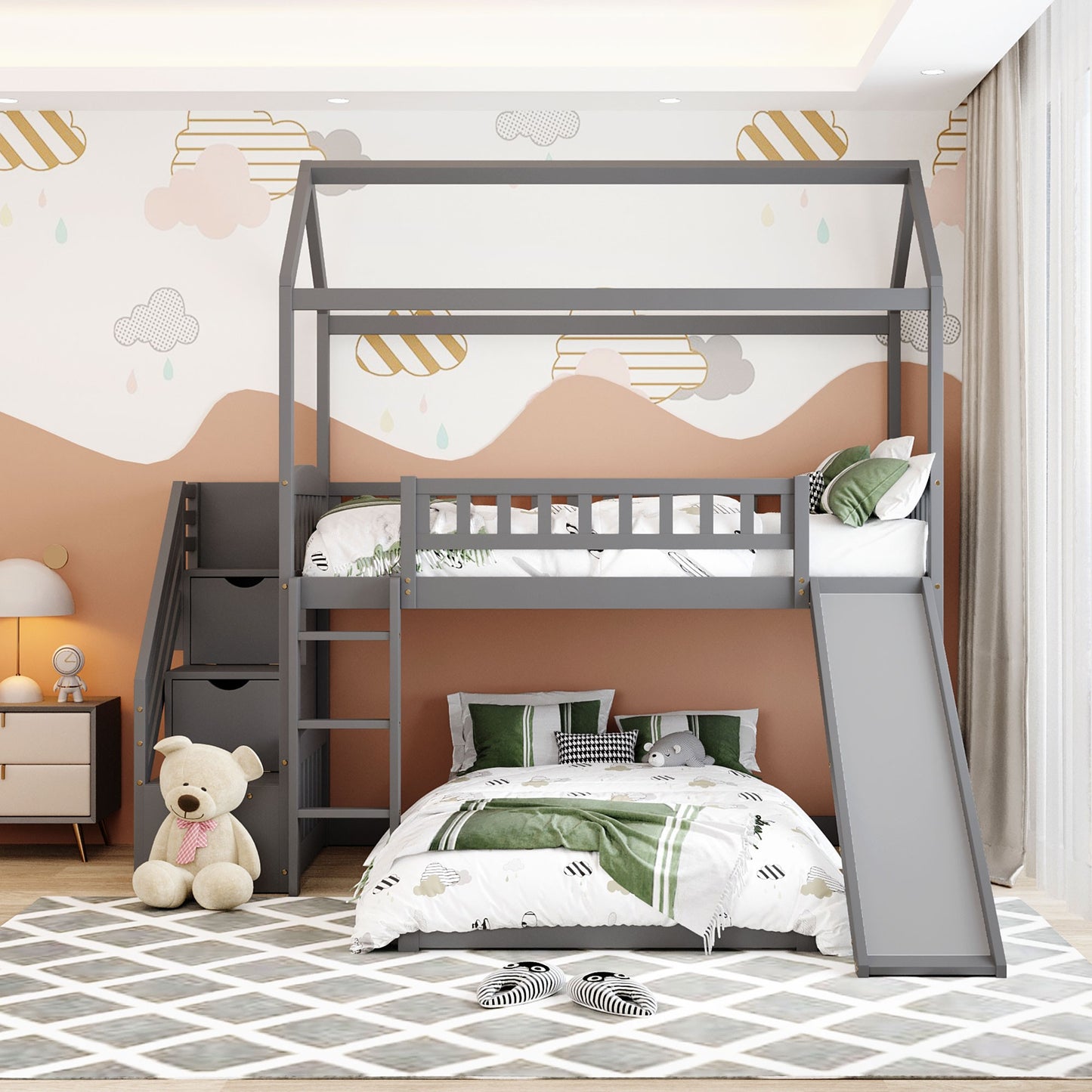 Gray Twin Over Twin Playhouse Perpendicular Bunk Bed With Slide By Homeroots | Beds | Modishstore - 2