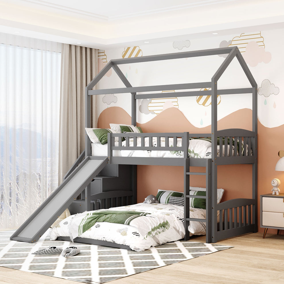 Gray Twin Over Twin Playhouse Perpendicular Bunk Bed With Slide By Homeroots | Beds | Modishstore - 4