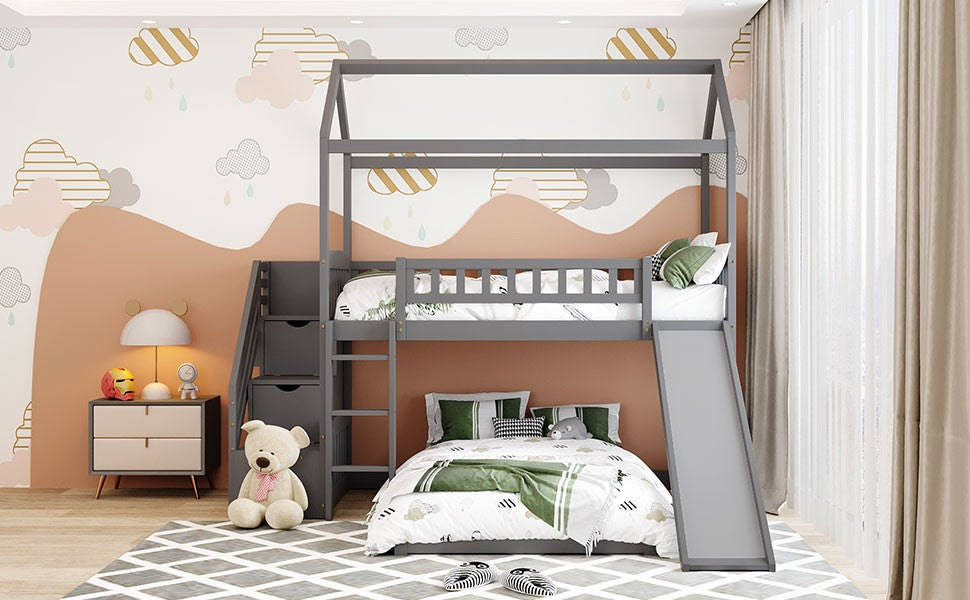 Gray Twin Over Twin Playhouse Perpendicular Bunk Bed With Slide By Homeroots | Beds | Modishstore - 5