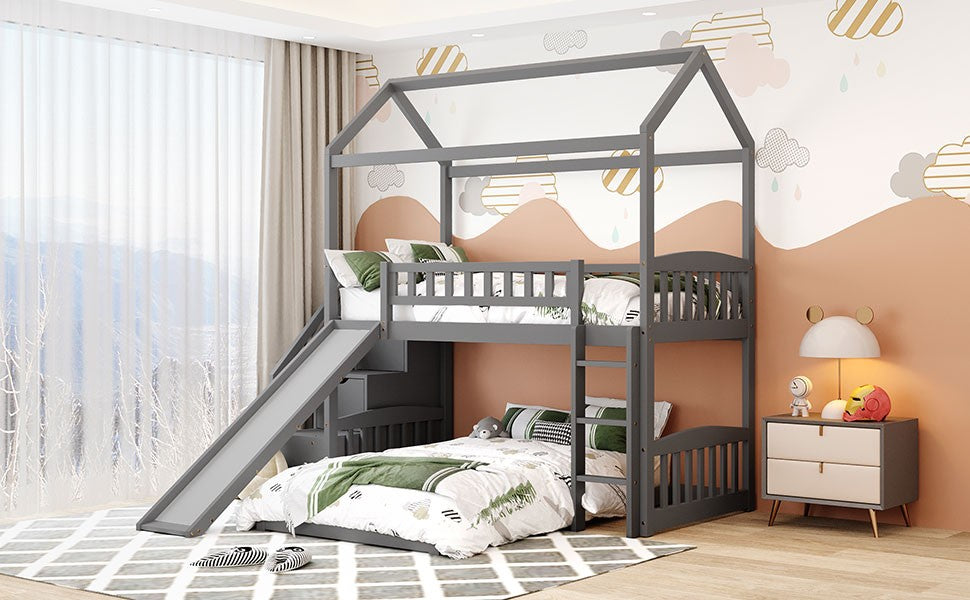 Gray Twin Over Twin Playhouse Perpendicular Bunk Bed With Slide By Homeroots | Beds | Modishstore - 6